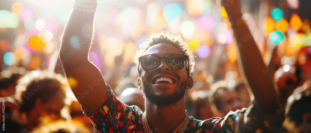 man enjoys an outdoor festival with arms raised man enjoys an outdoor festival with arms raised