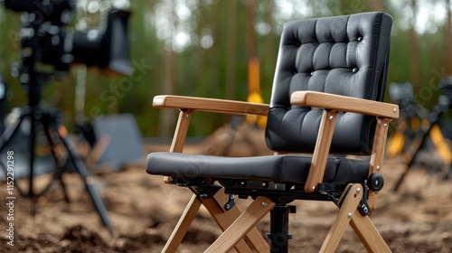 Film production chair setup on location outdoor film set photography nature background ground level view cinematic concept photo