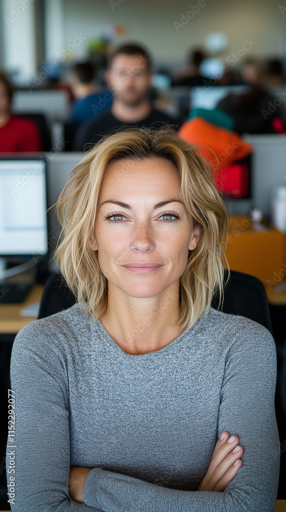 Portrait of a blonde woman sitting in a office. Portrait of a blonde woman sitting in a office.