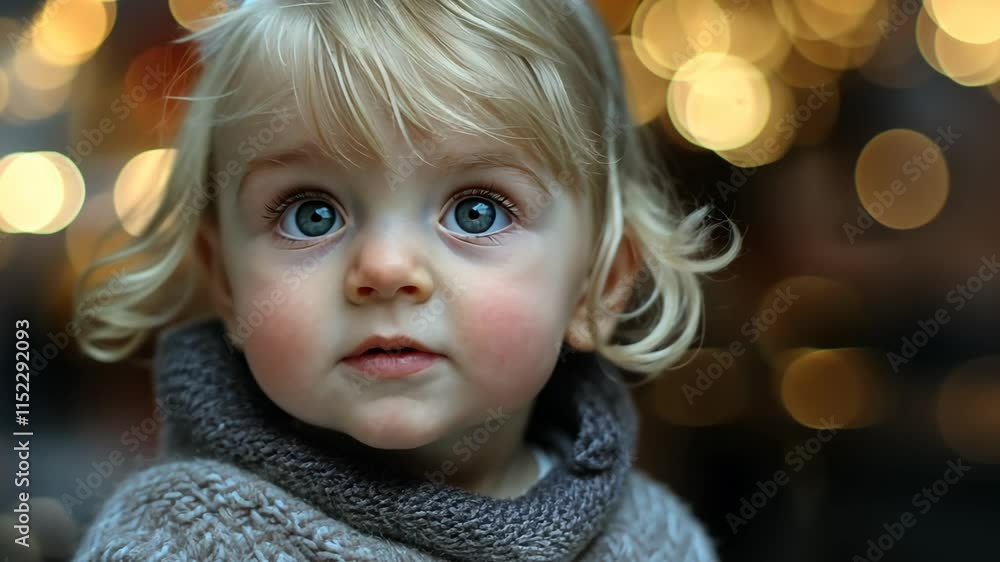 Young child with striking blue eyes gazes curiously at the camera in a cozy setting adorned with soft lights Young child with striking blue eyes gazes curiously at the camera in a cozy setting adorned with soft lights