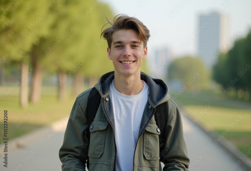 A young man with a backpack smiles while walking in a park. A young man with a backpack smiles while walking in a park.