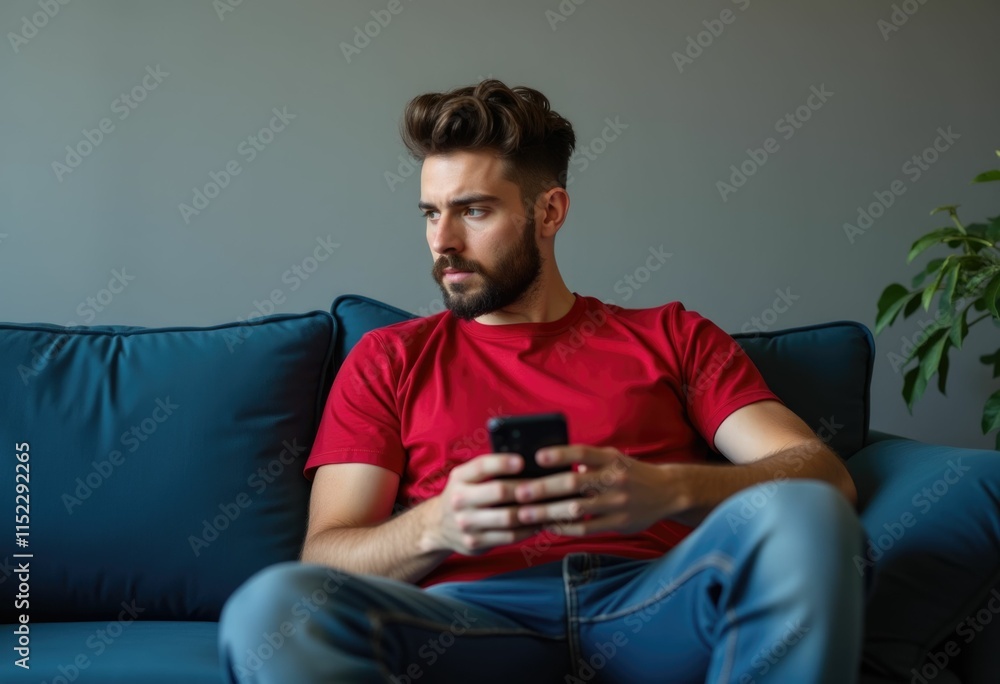 Fototapeta premium A young man with a beard sits on a couch and looks at his phone.