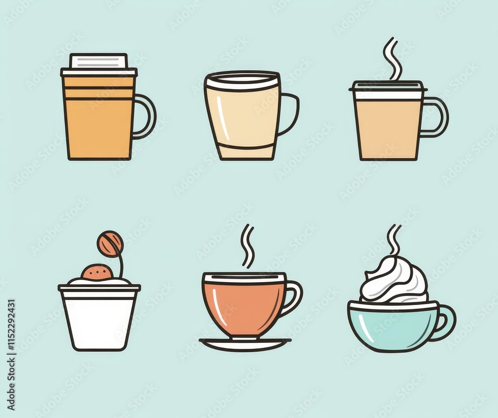 Simple line icons of coffee and tea, coffee cups, ice cream, and milk froth. Simple line icons of coffee and tea, coffee cups, ice cream, and milk froth.