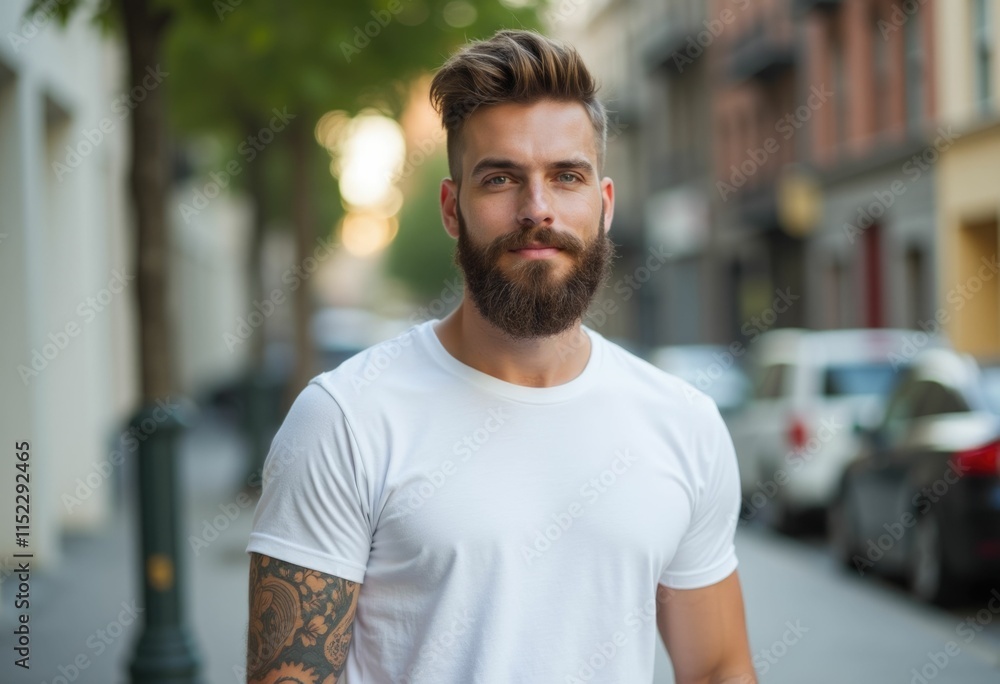 A bearded man with a white t shirt and tattoos standing on a city street. A bearded man with a white t shirt and tattoos standing on a city street.