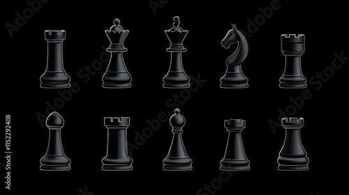 Chess pieces. Black piece logo, rook queen king icons. Board game objects silhouettes, isolated flat pawn knight bishop utter vector set photo