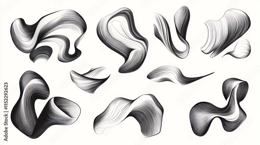 Abstract black and white wave-like shapes showcasing fluid design and artistic expression. Abstract black and white wave-like shapes showcasing fluid design and artistic expression.