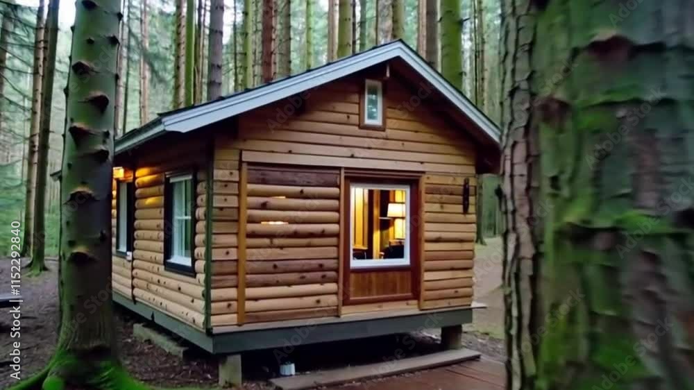 Modern Scandinavian cabin in a forest, featuring vertical wood slats and warm interior lighting visible from the windows. Modern Scandinavian cabin in a forest, featuring vertical wood slats and warm interior lighting visible from the windows.