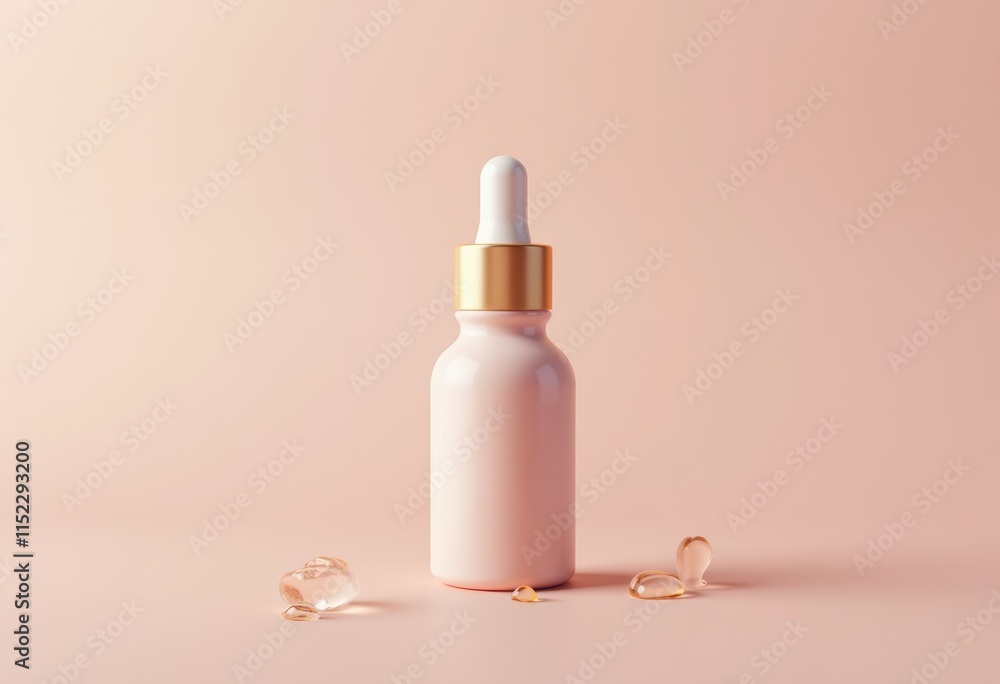Pink glass bottle with dropper and gold lid on pink background. Pink glass bottle with dropper and gold lid on pink background.