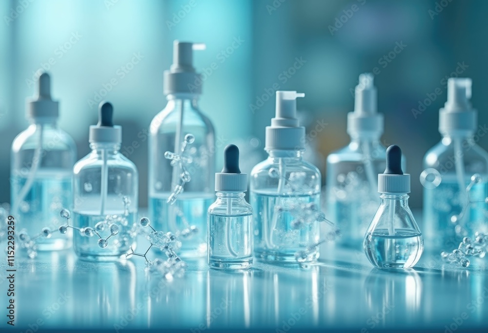 Glass bottles with droppers and pumps on blue background. Glass bottles with droppers and pumps on blue background.