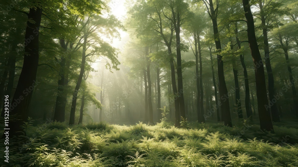 Obraz premium Misty green forest, sunlight filtering through dense canopy, fresh, scenery, enchanted