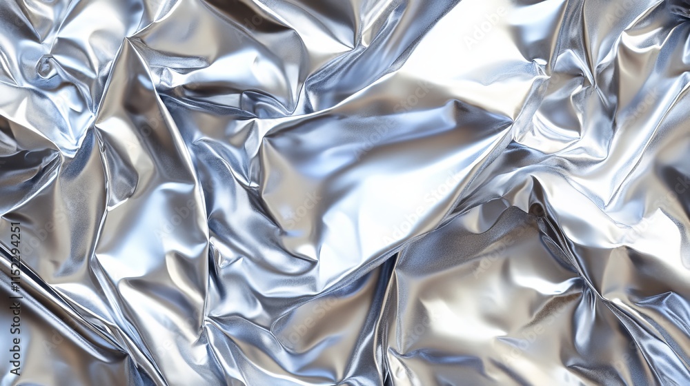 A close-up view of crumpled metallic foil displaying reflective surfaces and textures. A close-up view of crumpled metallic foil displaying reflective surfaces and textures.