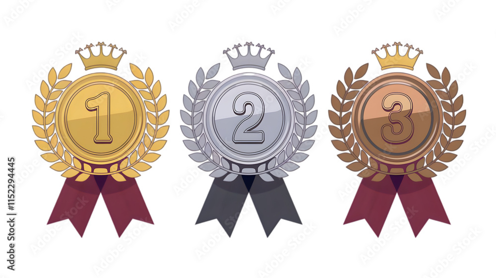 Gold silver and bronze medals with ribbons and award symbols Gold silver and bronze medals with ribbons and award symbols