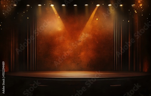 The background is a dark brown gradient with golden light spots, and a spotlight shines on the stage in front of it. The overall atmosphere gives people an elegant and mysterious feeling. There may be photo