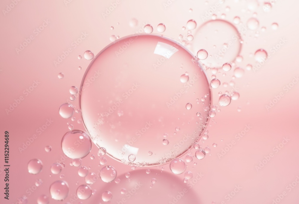 A cluster of transparent bubbles on a soft pink background. A cluster of transparent bubbles on a soft pink background.