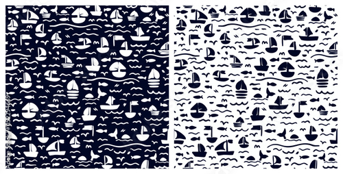 Set of hand drawn nautic, sea life seamless repeat pattern on dark blue and white background. Vector sail boats, waves, fishes, wales and birds aop all over surface print bundle.