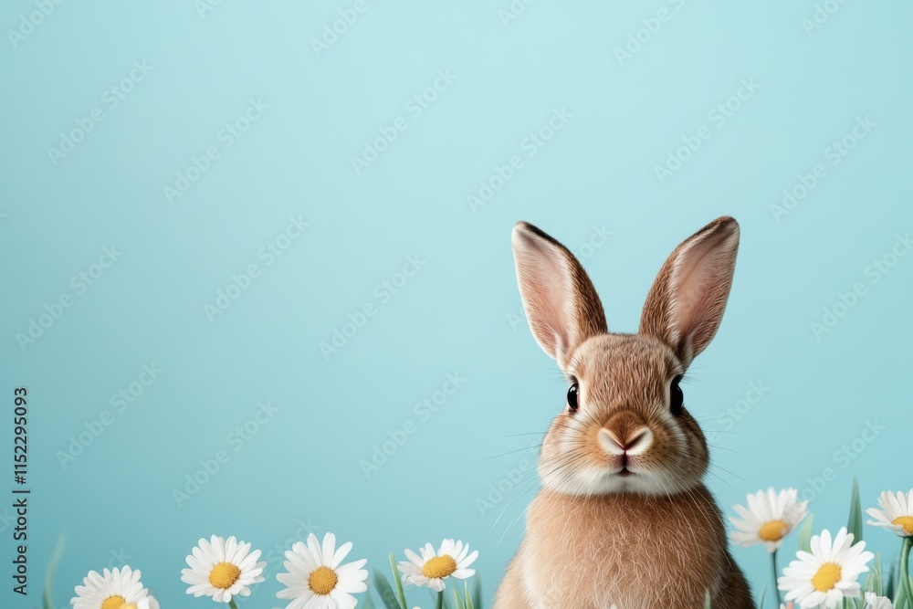 Fototapeta premium easter bunny card, easter card featuring a bunny in a meadow with daisies and a blue sky perfect for your greetings