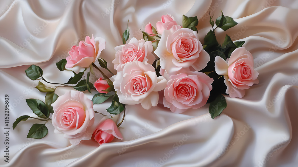 Obraz premium A collection of soft pink roses arranged delicately on smooth satin fabric, showcasing their romantic elegance and gentle, natural beauty. .