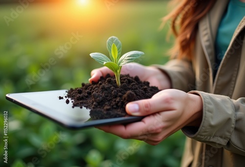 A woman holds a tablet with a seedling growing out of the soil  representing technology and nature. photo