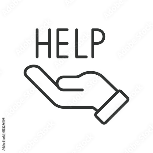 Help on a hand, icon in line design. Help on a hand, assistance, support, care, helping hand, charity, aid on white background vector. Help on a hand editable stroke icon