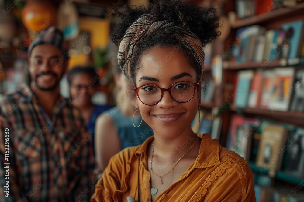 A smiling woman in glasses stands confidently in a vibrant bookstore filled with colorful books. A smiling woman in glasses stands confidently in a vibrant bookstore filled with colorful books.