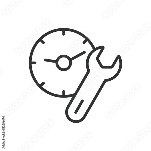 Repair time, icon in line design. Repair time, clock, wrench, maintenance, tools, schedule, fixing on white background vector. Repair time editable stroke icon