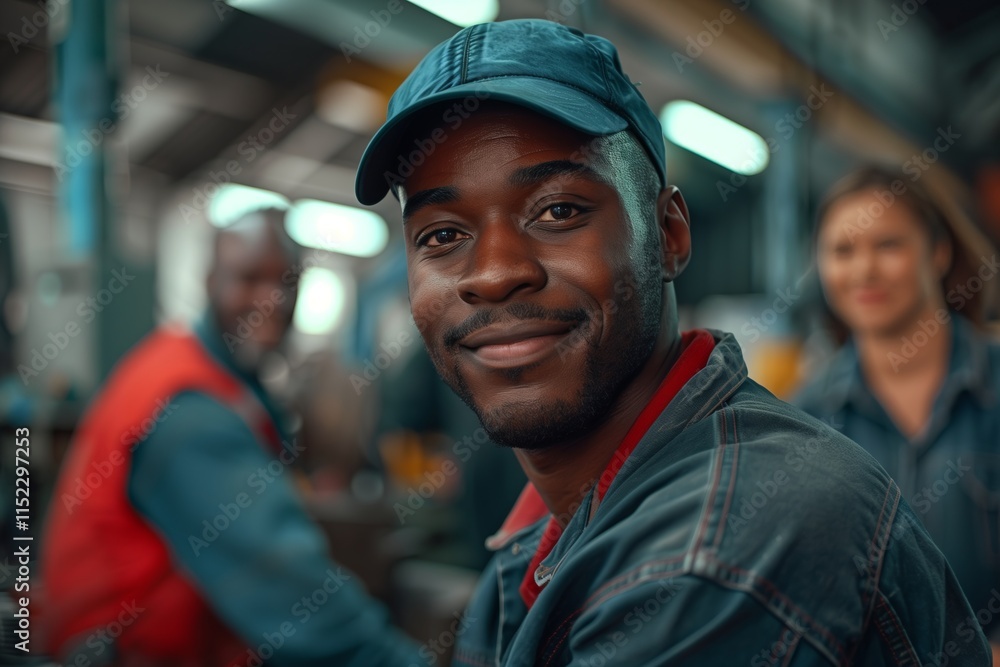 A smiling worker in a factory setting, showcasing teamwork and dedication in a modern industrial environment. A smiling worker in a factory setting, showcasing teamwork and dedication in a modern industrial environment.