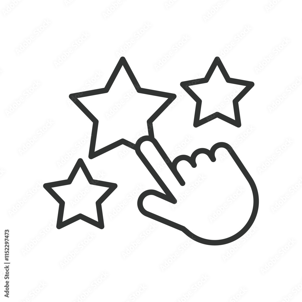 Finger on stars, icon in line design. Finger on stars, stars, finger, rating, achievement, success, recognition on white background vector. Finger on stars editable stroke icon Finger on stars, icon in line design. Finger on stars, stars, finger, rating, achievement, success, recognition on white background vector. Finger on stars editable stroke icon