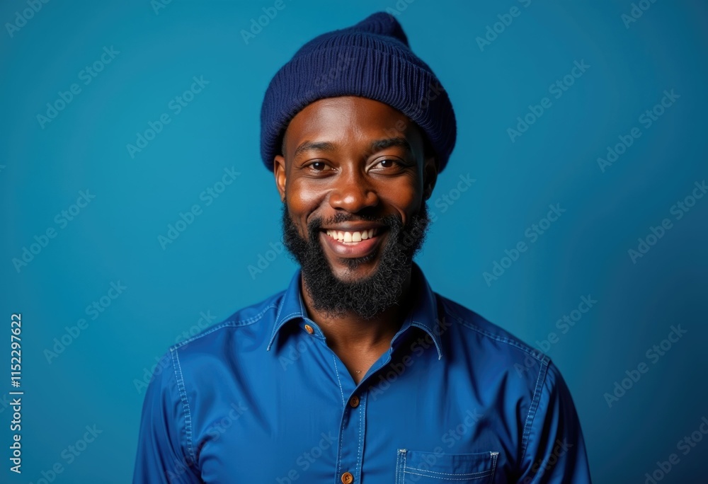 A smiling Black man with a beard wearing a blue beanie and shirt against a blue background. A smiling Black man with a beard wearing a blue beanie and shirt against a blue background.