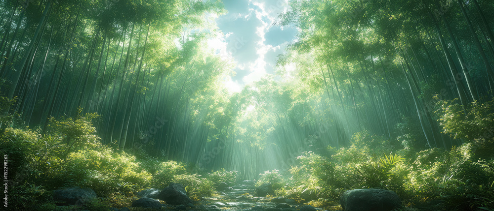 Obraz premium Sunbeams Filtering Through Bamboo Forest