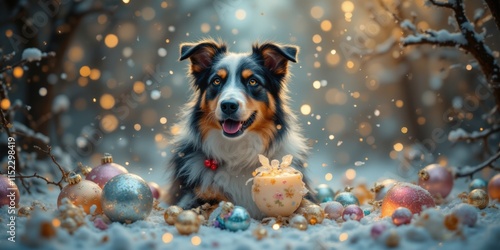 Festive dog in snowy wonderland holiday scene
