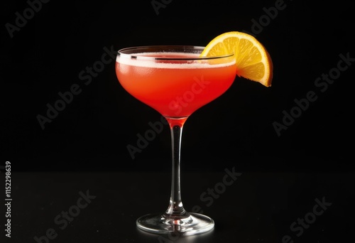 A red cocktail in a coupe glass garnished with an orange slice.