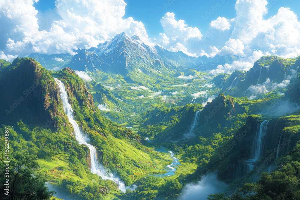 Serene Mountain Valley with Waterfalls Serene Mountain Valley with Waterfalls
