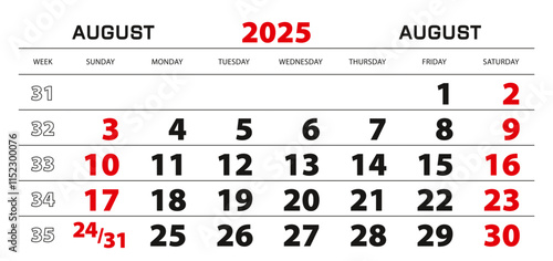 Wall calendar 2025 for august, week start from sunday.