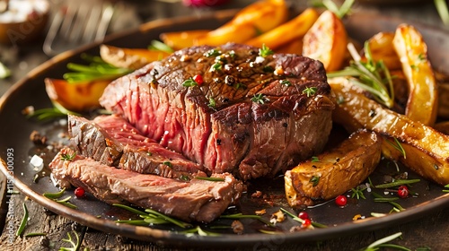 Thin beef tenderloin with French fries on a plate with a sensation of exquisiteness