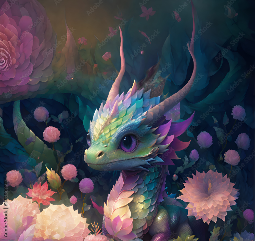 adorabal cute green-pink dragon kid posing in beautiful blossom garden. Digital artwork. AI generated