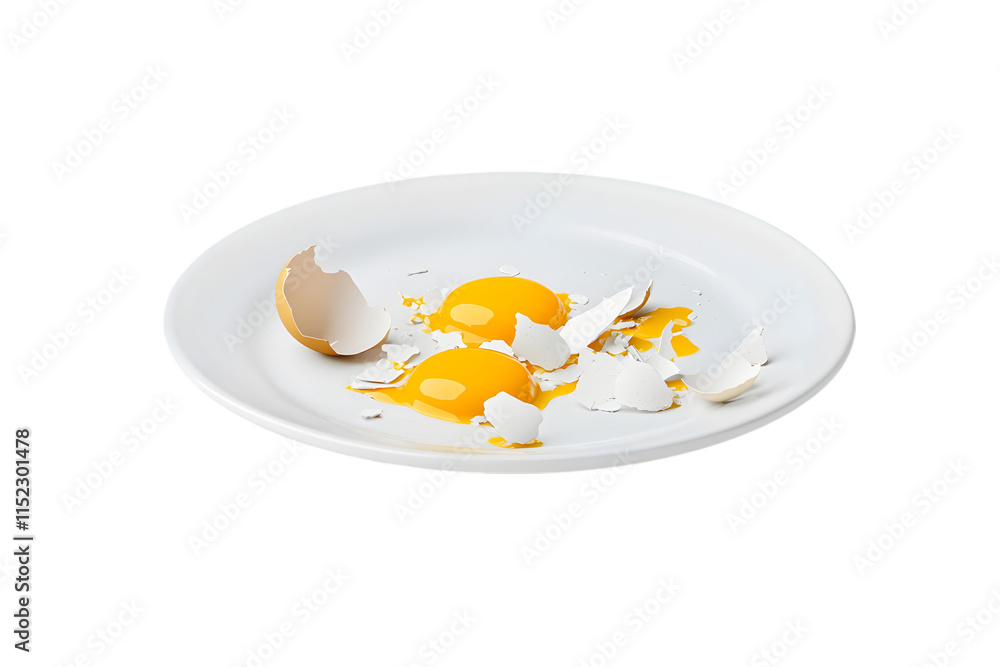 Cracked eggshells with yolks on a white plate after breakfast preparation in a kitchen setting during the morning Cracked eggshells with yolks on a white plate after breakfast preparation in a kitchen setting during the morning