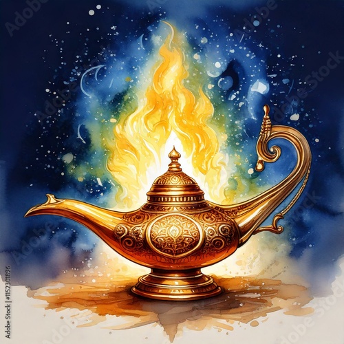 Illustration of a watercolor genie emerging from a glowing golden lamp