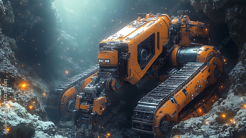 Futuristic orange mining vehicle in a dark cavern with glowing embers. Futuristic orange mining vehicle in a dark cavern with glowing embers.
