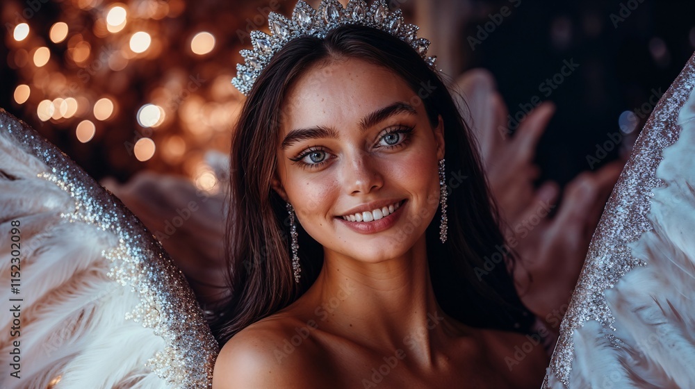 Young female model with a radiant smile and flowing dark hair with large feathered wings.