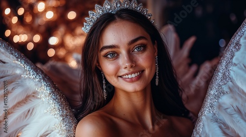 Obraz na płótnie Young female model with a radiant smile and flowing dark hair with large feathered wings. w salonie