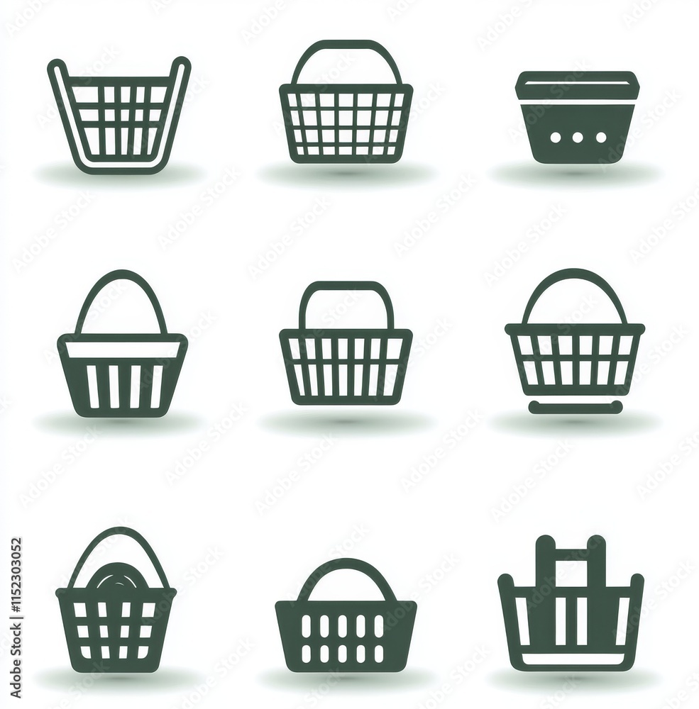 Vector icons for a shopping basket, on a white background with a grey color theme. The design is simple and minimalistic, with no shadows. Vector icons for a shopping basket, on a white background with a grey color theme. The design is simple and minimalistic, with no shadows.