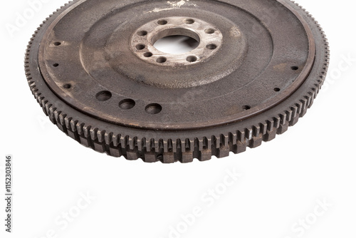 flywheel of the car. in disassembled condition there are also traces of use. close-up. worn part. photo