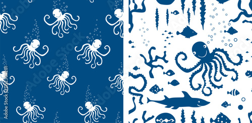 Seamless patterns of silhouettes cheerful cartoon octopuses, fishes underwater, vector background, paper, wallpaper