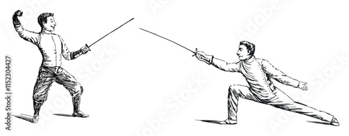 Sketch of athletic strong men fencing  with swords, profile view, 19th century, retro style, hand drawn vector illustration