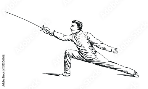 Sketch of athletic strong man fencing with sword, attacking, profile view, 19th century, retro style, hand drawn vector illustration