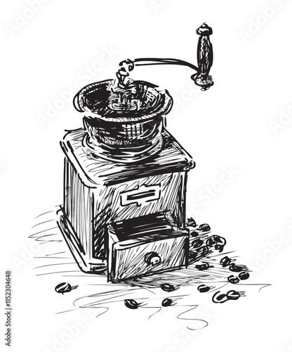 Sketch of vintage wooden coffee grinder with coffee beans, hand drawn, doodle, vector illustration isolated on white