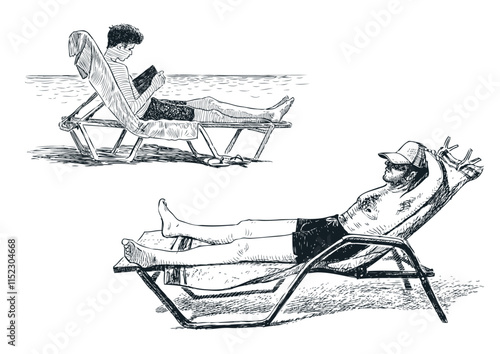 Sketches of man and teen boy on beach holiday, lying in sunbeds on seashore, reading, tanning, relaxing, realistic hand drawn vector illustration