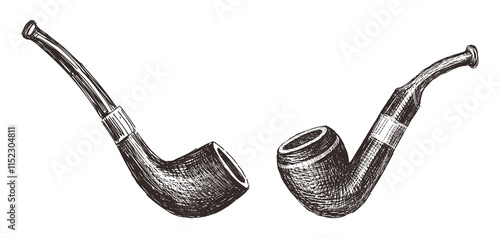 Sketches of two old wooden smoking pipes, realistic hand drawing, vector illustration isolated on white