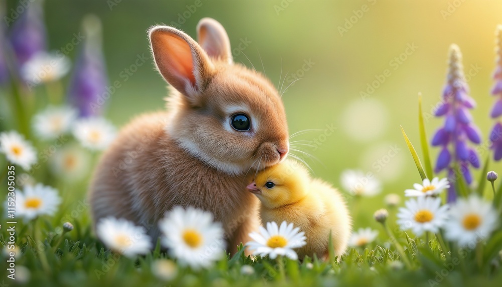 Fototapeta premium Adorable young rabbit and duckling nestled together in a meadow full of blooming flowers, showcasing inseparable friendship and tranquility in nature. Perfect springtime scene filled with charm and te