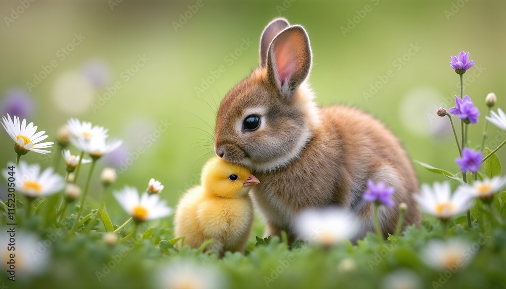Adorable young rabbit and duckling nestled together in a meadow full of blooming flowers, showcasing inseparable friendship and tranquility in nature. Perfect springtime scene filled with charm and te Adorable young rabbit and duckling nestled together in a meadow full of blooming flowers, showcasing inseparable friendship and tranquility in nature. Perfect springtime scene filled with charm and te
